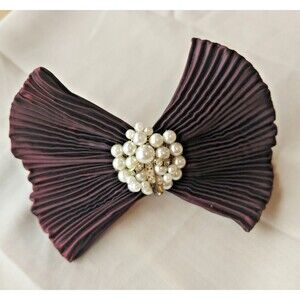 Vintage Fabric Hair Barrette, Purple Bow embellished w pearls and rhinestones 5"